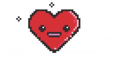 2d Animasyon hareket grafikleri beyaz ekranda yıldızile gülümseyen bir retro pikselli insan kalbi gösteren, Hd yüksek çözünürlüklü alfa mat ile yeşil ekran retro tarzı yapılır.