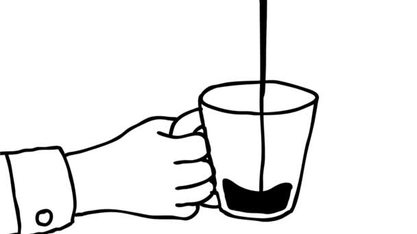 2D animáció mozgó grafikus rajzot a kezében egy kávéscsésze folyékony ömlött a fehér és zöld képernyő alfa Matt HD High Definition.