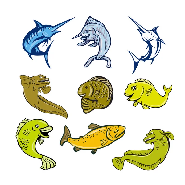 Vida marinha Animais Desenhos animados Set — Vetor de Stock