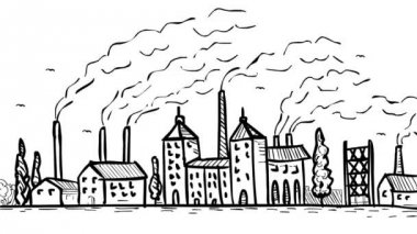 Hd yüksek çözünürlüklü alfa mat ile beyaz ve yeşil ekranda fabrika ile 1800'lü bir sanayi devrimi manzara 2d Animasyon hareket grafik çizim.