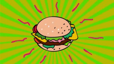 2d Animasyon hareket grafik çizim bir cheeseburger, bir hamburger peynir, et köftesi, marul ve hd yüksek çözünürlüklü yeşil ekranda domates ile tepesinde.