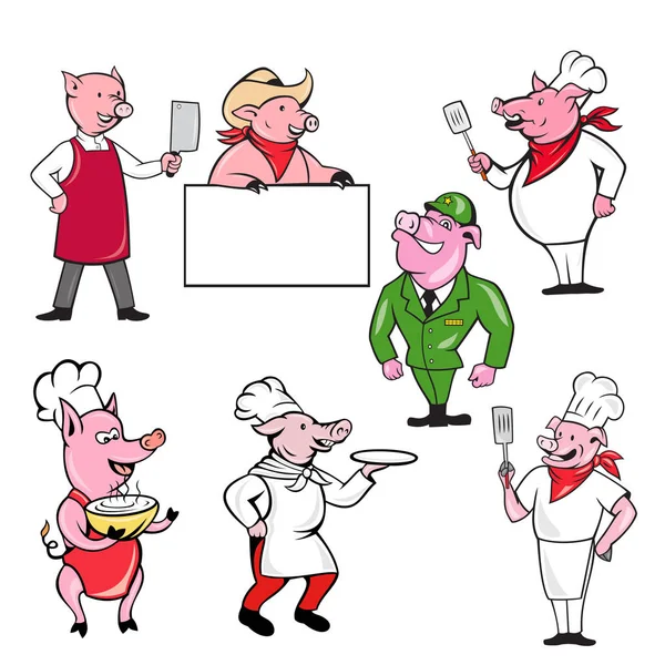 Juego de dibujos animados de mascota de trabajador porcino — Vector de stock