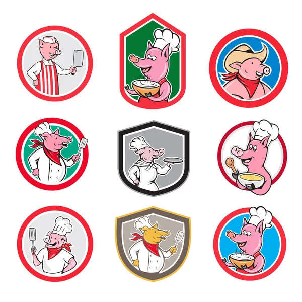 Schweinearbeiter Ikone Maskottchen Karikatur Set — Stockvektor