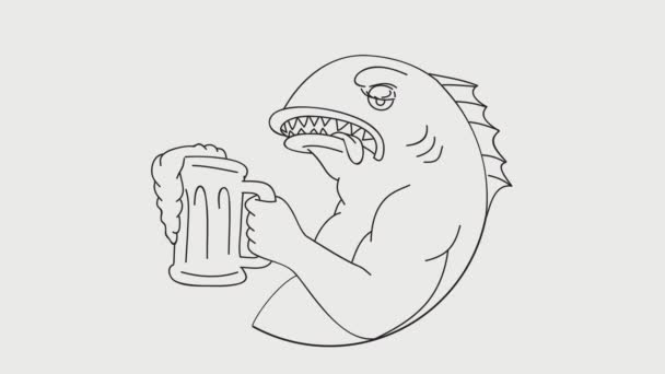 Animation Motion Graphics Drawing Coral Trout Drinking Mug Beer White — Stock Video
