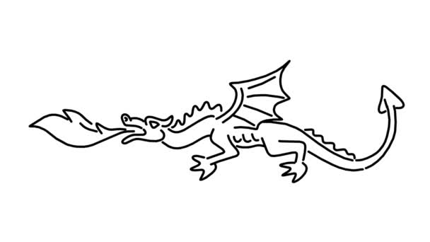 Animation Monoline Style Drawing Medieval Dragon Breathing Fire White Green — Stock Video