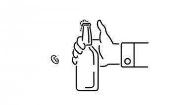 Hd yüksek çözünürlüklü beyaz, siyah ve yeşil ekranda başparmak ile flicking tarafından bir el açma bira şişesi 2d Animasyon hareket grafik monoline çizim.
