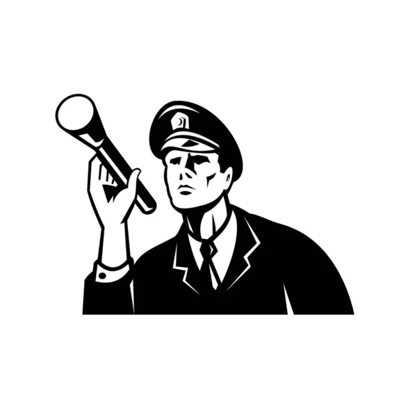 说明一名执法人员警察保安人员手持手电筒或火把 在孤立的白色背景上以复古的黑白风格在圈内放置 — 图库矢量图片