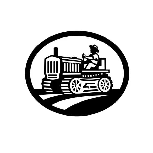 Retro Illustration Organic Farmer Worker Driving Vintage Tractor Plowing Farm — Stock Vector