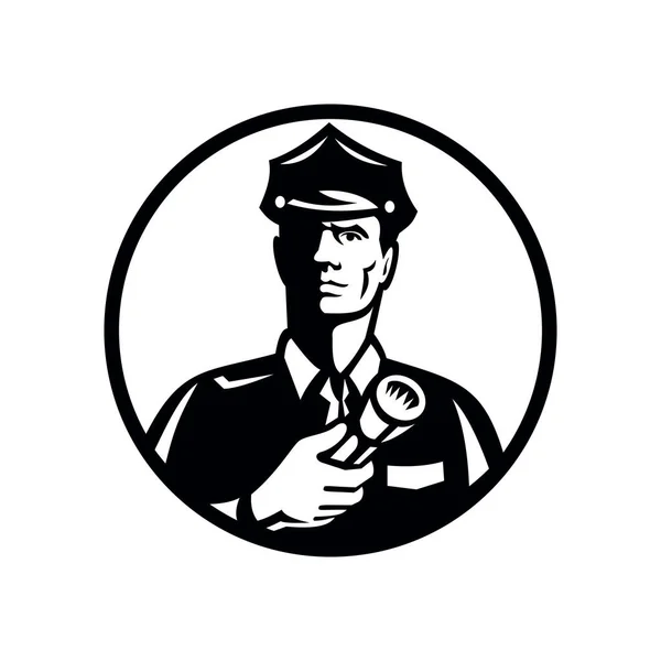 Illustration Eines Wachmanns Vollstreckungsbeamten Polizisten Oder Polizisten Mit Einer Taschenlampe — Stockvektor
