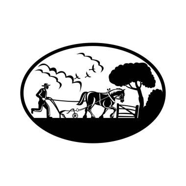 Çiftçi ve Clydesdale at sürme tarlasının oval alanda izole edilmiş arka plandaki Retro ahşap biçimli çizimi.