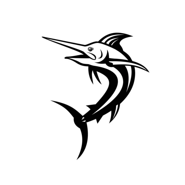 复古风格的图画描述了一种大西洋蓝鳍金枪鱼 一种大西洋特有的马林鱼 在孤立的背景下以黑白两种颜色跳起来 — 图库矢量图片
