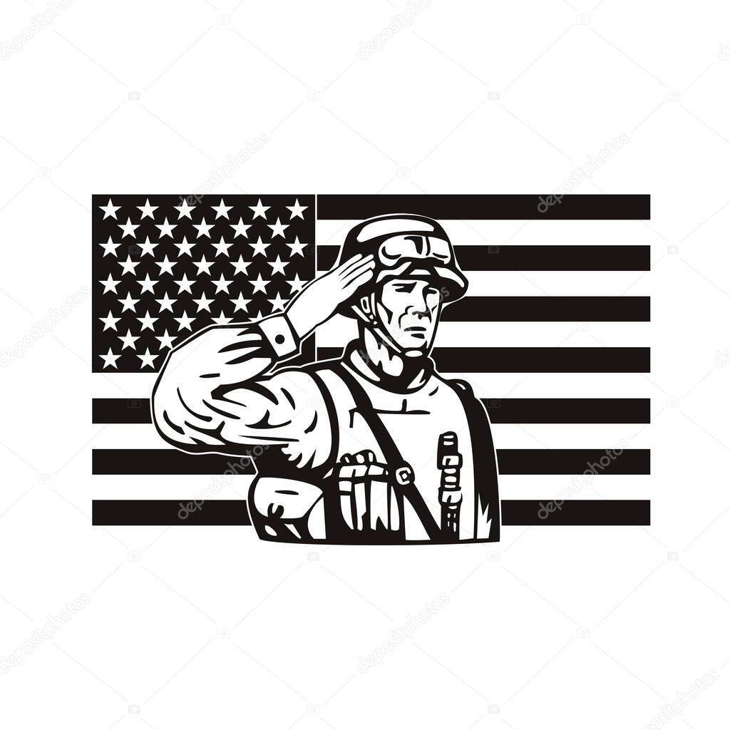 Retro style illustration of an American soldier, military serviceman, personnel or veteran saluting star spangled banner USA flag front view on isolated background in retro black and white style.