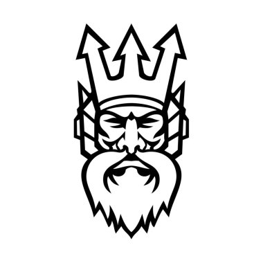 Mascot icon illustration of head of Poseidon, god of the Sea in Greek religion and myth, wearing a trident crown viewed from front on isolated background in retro black and white style. clipart