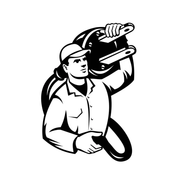 Ilustración Blanco Negro Electricista Hombre Línea Trabajador Construcción Que Lleva — Vector de stock