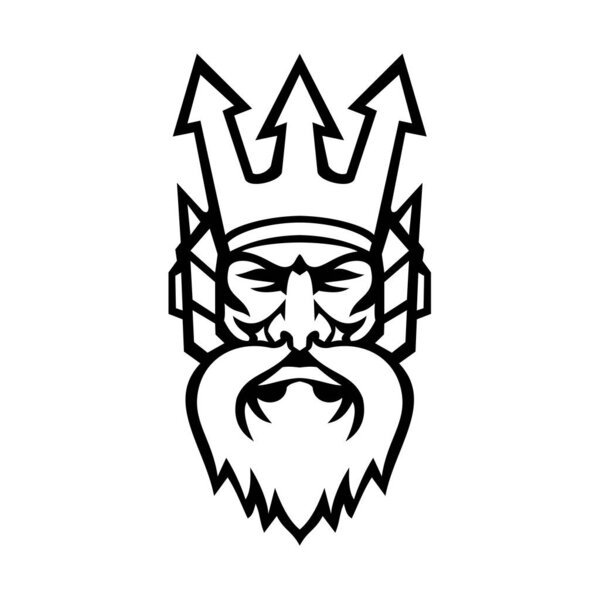 Mascot icon illustration of head of Poseidon, god of the Sea in Greek religion and myth, wearing a trident crown viewed from front on isolated background in retro black and white style.