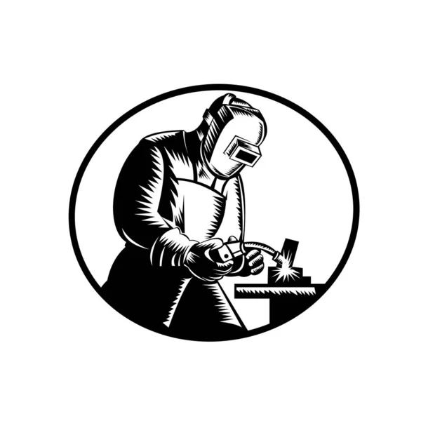Иллюстрация Работника Сварщика Работающего Помощью Флюсового Флюсового Флюсового Сварочного Резака — стоковый вектор
