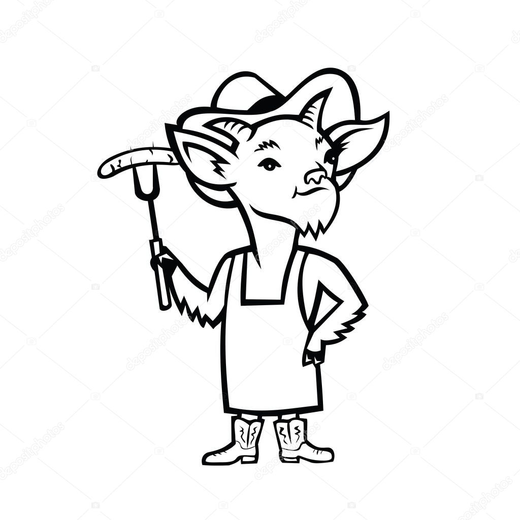 Mascot black and white illustration of a Billy goat who is a barbecue or bbq chef holding sausage and wearing cowboy hat, boots, apron standing front view on isolated background in retro style.
