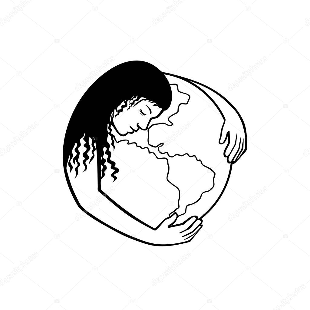 Retro black and white style illustration of Mother Earth or Gaia, a goddess who inhabits the planet, offering life and nourishment, hugging the world or globe on isolated background.
