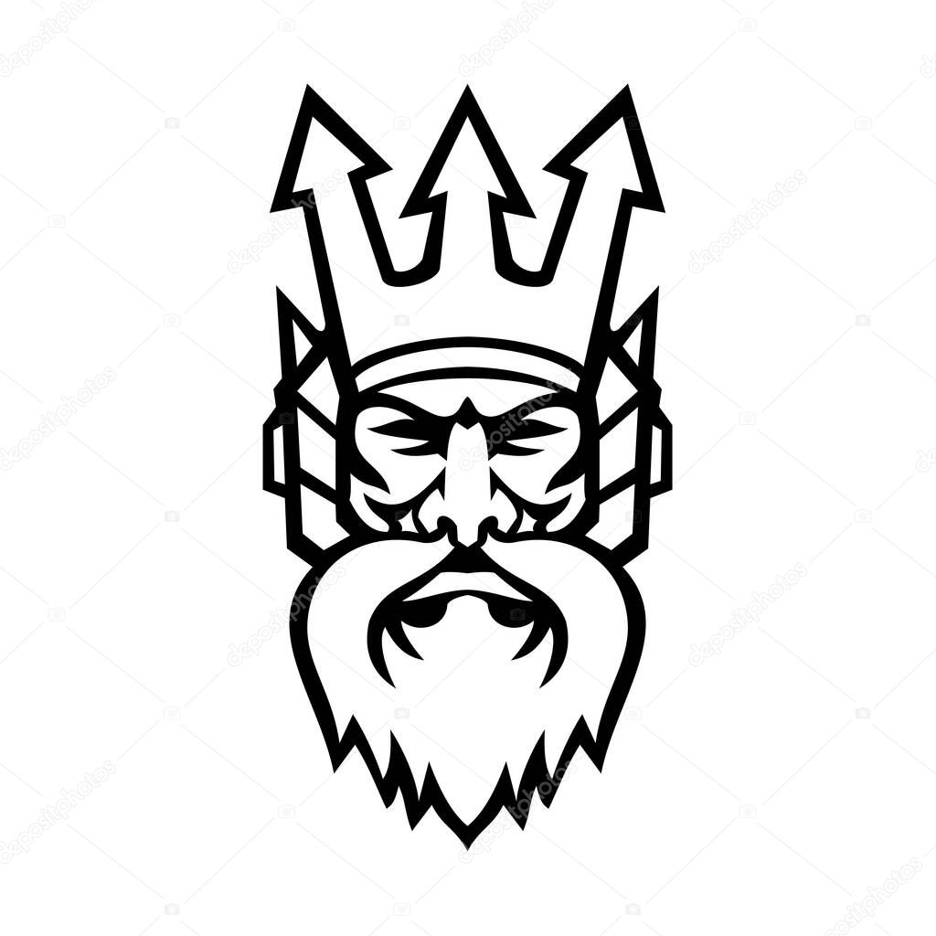 Mascot icon illustration of head of Poseidon, god of the Sea in Greek religion and myth, wearing a trident crown viewed from front on isolated background in retro black and white style.