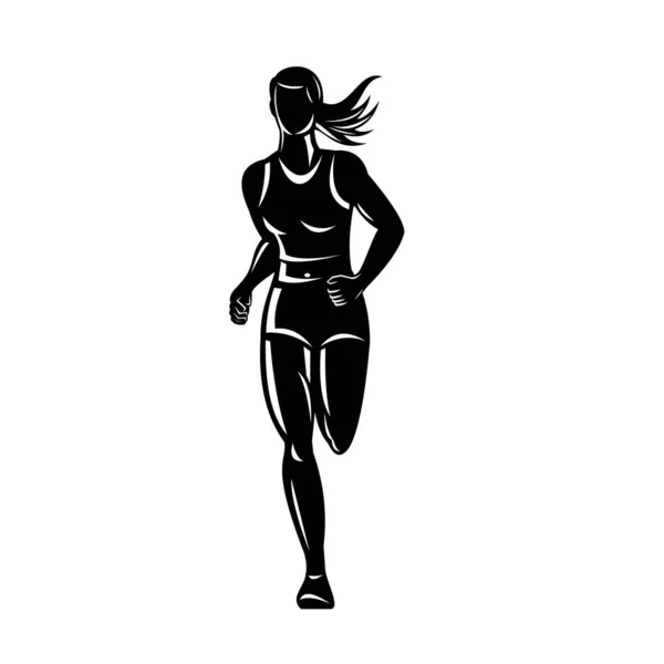 Ilustración Estilo Retro Una Silueta Una Corredora Maratón Femenina Corriendo — Archivo Imágenes Vectoriales