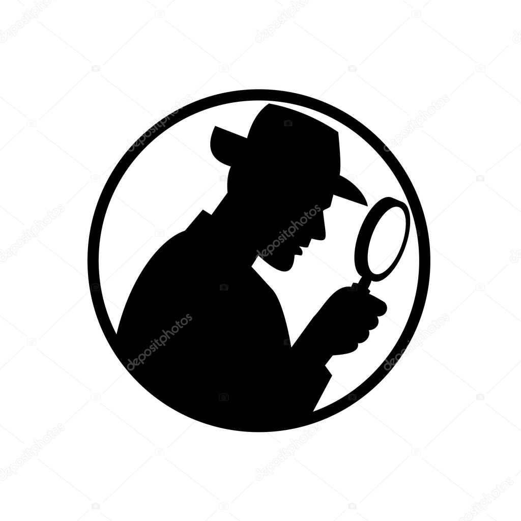 Retro black and white style illustration of a silhouette of a detective, private investigator or private eye with magnifying glass viewed from side set in circle on isolated background.