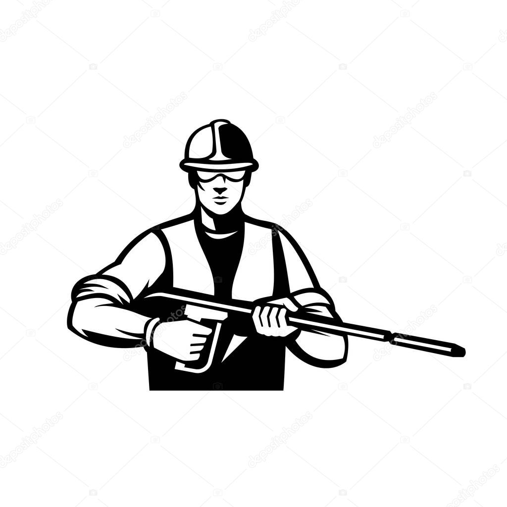 Illustration of a power washer holding with water blaster or pressure washing wand viewed from facing front done in retro black and white style