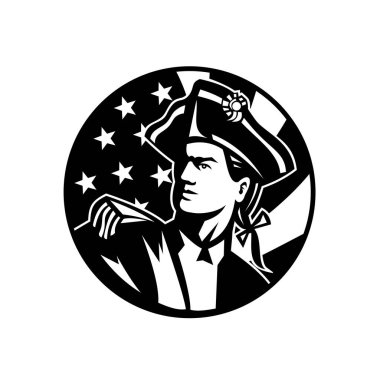 Amerikan vatanseverlik devrimci askerinin siyah ve beyaz çizimleri Amerikan yıldızlı bayrak ve arkaplanda retro stiliyle yapılan Bağımsızlık Günü bayrağını gösteriyor..
