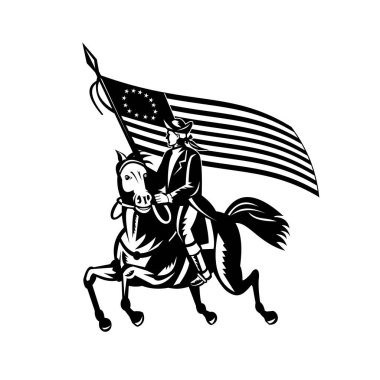 Betsy Ross bayrağı taşıyan devrimci bir Amerikan askerinin siyah ve beyaz çizimi. Eski ahşap stiliyle yapılan bağımsızlık gününü kolluyor..