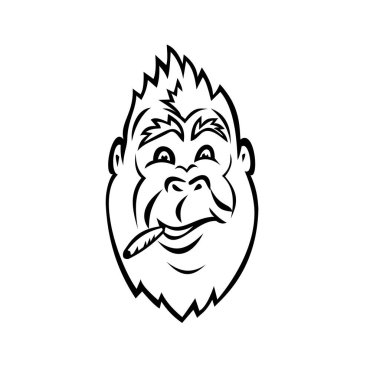 Sigara ya da esrar içen bir gorilin başındaki siyah beyaz maskot çizimi, karikatür tarzında izole edilmiş beyaz arka planda marihuana mekanı..