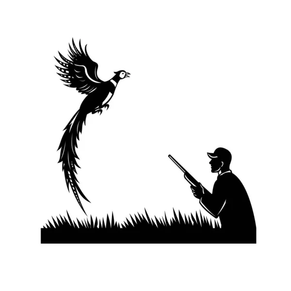 Ilustración Blanco Negro Una Silueta Cazador Aves Caza Silvestre Con — Vector de stock