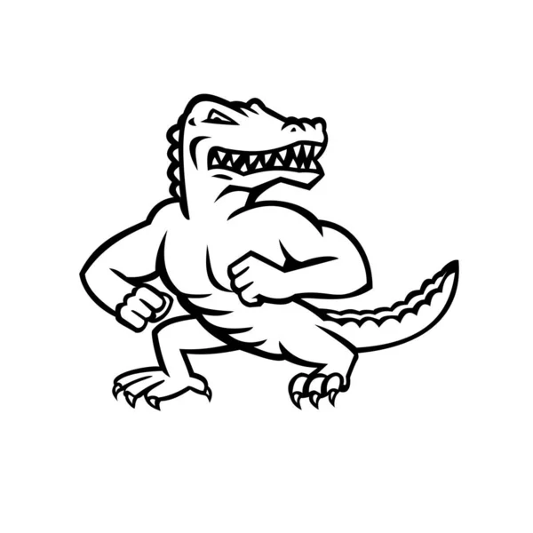 一种凶猛的爬行动物鳄鱼 鳄鱼或鳄鱼的吉祥物 在孤立的背景中以复古的黑白风格站立在战斗姿态上 — 图库矢量图片
