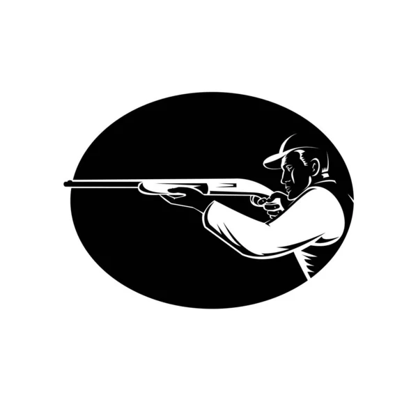 用霰弹枪瞄准射击的猎鸭者的黑白插图 从套件内椭圆形的侧面看 在孤立的背景中以复古木刻风格拍摄 — 图库矢量图片