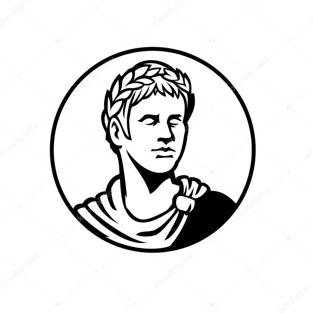 Mascot black and white illustration of bust of an ancient Roman emperor, senator or Caesar, ruler of Roman Empire during the imperial period wearing crown of laurel leaves looking side in retro style.