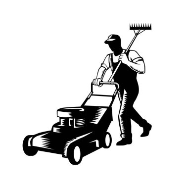 Woodcut black and white style illustration of male gardener, landscaper, groundsman or groundskeeper pushing lawn mower mowing and holding rake on shoulder on isolated white background.  clipart
