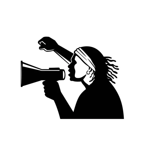Ілюстрація Стилі Ретро Про Афроамериканського Активіста Мегафоном Демонстрації Прикріпленим Кулаком — стоковий вектор