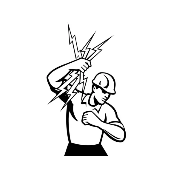Иллюстрация Электрика Строителя Держащего Кучу Молний Сделанная Ретро Черно Белом — стоковый вектор