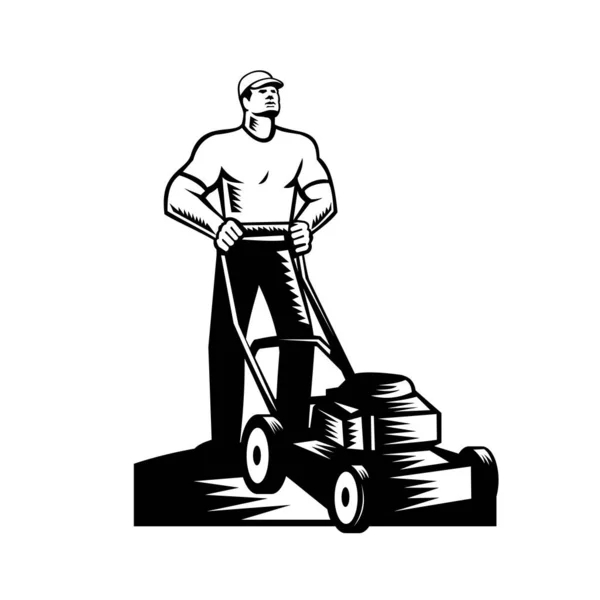 男性园艺师 园艺师 园艺师或地面管理员的黑白插图 正面有割草机 正面有复古木刻风格 背景白色孤立 — 图库矢量图片