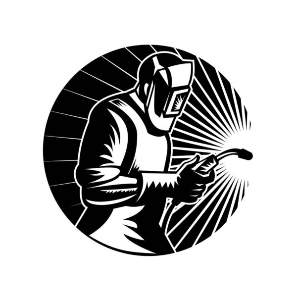 Illustration of a MIG welder worker working using arc welding torch viewed from side holding his visor set inside circle on isolated background done in retro woodcut  black and white style.