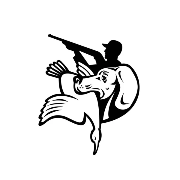 用猎枪射击野鸭 鹅和鸟的猎犬的例子 从侧面看 它是黑色和白色复古风格的 — 图库矢量图片