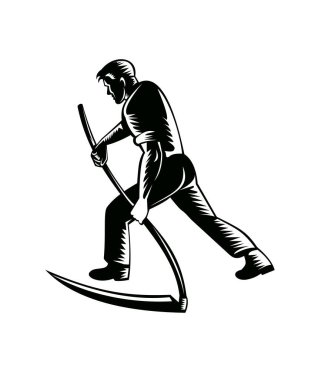 Organik bir çiftçi, bahçıvan, tarımcı ya da bahçıvan resmedilmiş arka planda siyah-beyaz arka planda yapılan tırpanla çalışıyor..