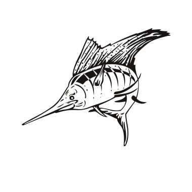 Bir Atlantik yelken balığının Retro ahşap tarzı çizimi, soğuk deniz alanlarında yaşayan Istiophorus cinsinden bir balık, siyah beyaz arka planda izole edilmiş, önden yukarıya doğru sıçrıyor..