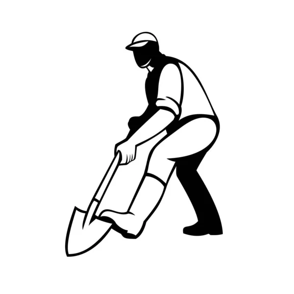 男性园艺师 园艺师与铲子面对前面的挖掘和铲子进行复古黑白风格的说明 — 图库矢量图片