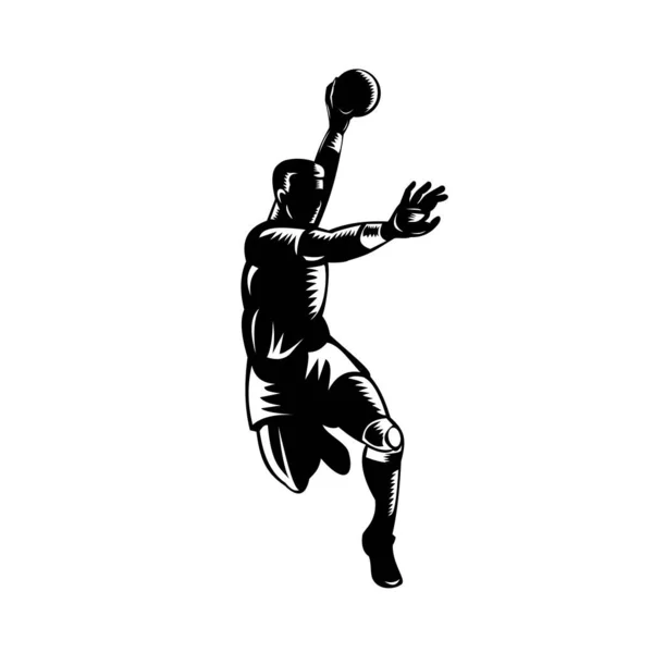 Retro Woodcut Style Illustration European Handball Player Also Known Team — Stock Vector