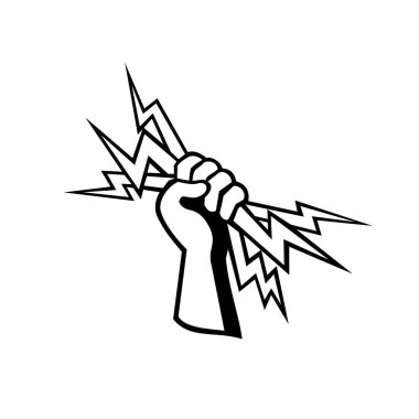 Bir elektrik hattının, elektrik işçisinin ya da elektrikçinin arka plandaki izole edilmiş arka planda görülen yıldırımı tutan elinin, siyah-beyaz bir şekilde canlandırılması..