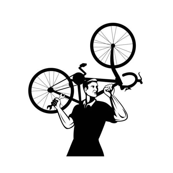 Illusztráció Egy Kerékpár Szerelő Szállító Kerékpár Vállán Gazdaság Egy Csavarkulcs — Stock Vector