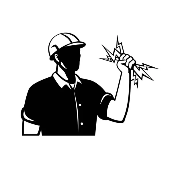 パワーラインマン 電気労働者または電気技師のレトロなスタイルのイラスト黒と白で行われた隔離された背景に側面から見た稲妻を保持 — ストックベクタ