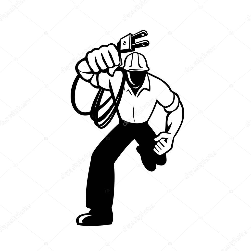 Illustration of an electrician construction worker power lineman holding an electric plug with electrical cord running front view done in retro black and white style in isolated background.