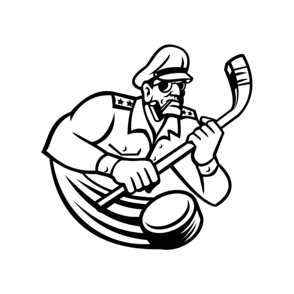 Иконка Талисмана Бюста Генерала Армии Держащего Руках Хоккейную Клюшку Смотрящую — стоковый вектор