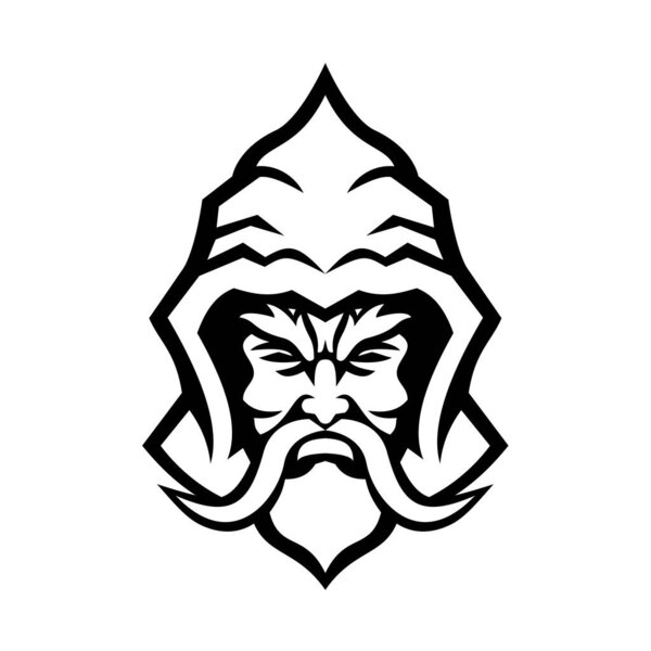 Иконка талисмана, изображающая голову Волшебника, колдуна или колдуна, практикующего магию, полученную из сверхъестественных, оккультных или тайных источников, представленных спереди в стиле ретро чёрно-белый
.