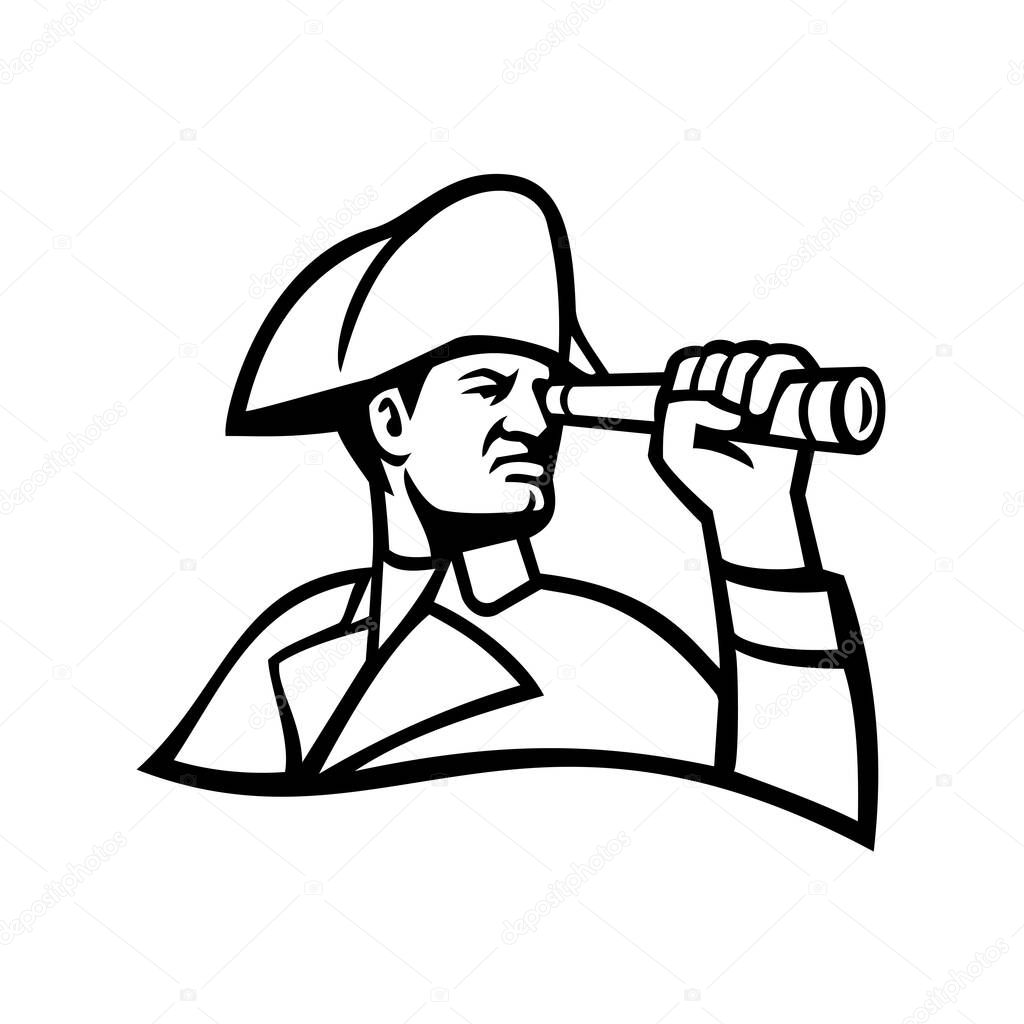 Mascot icon illustration of head of a British admiral of the fleet looking thru a telescope viewed from side on isolated background in retro black and white style.